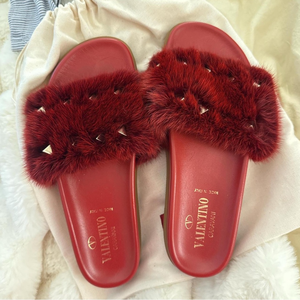 Valentino Red Fur Slide Sandals